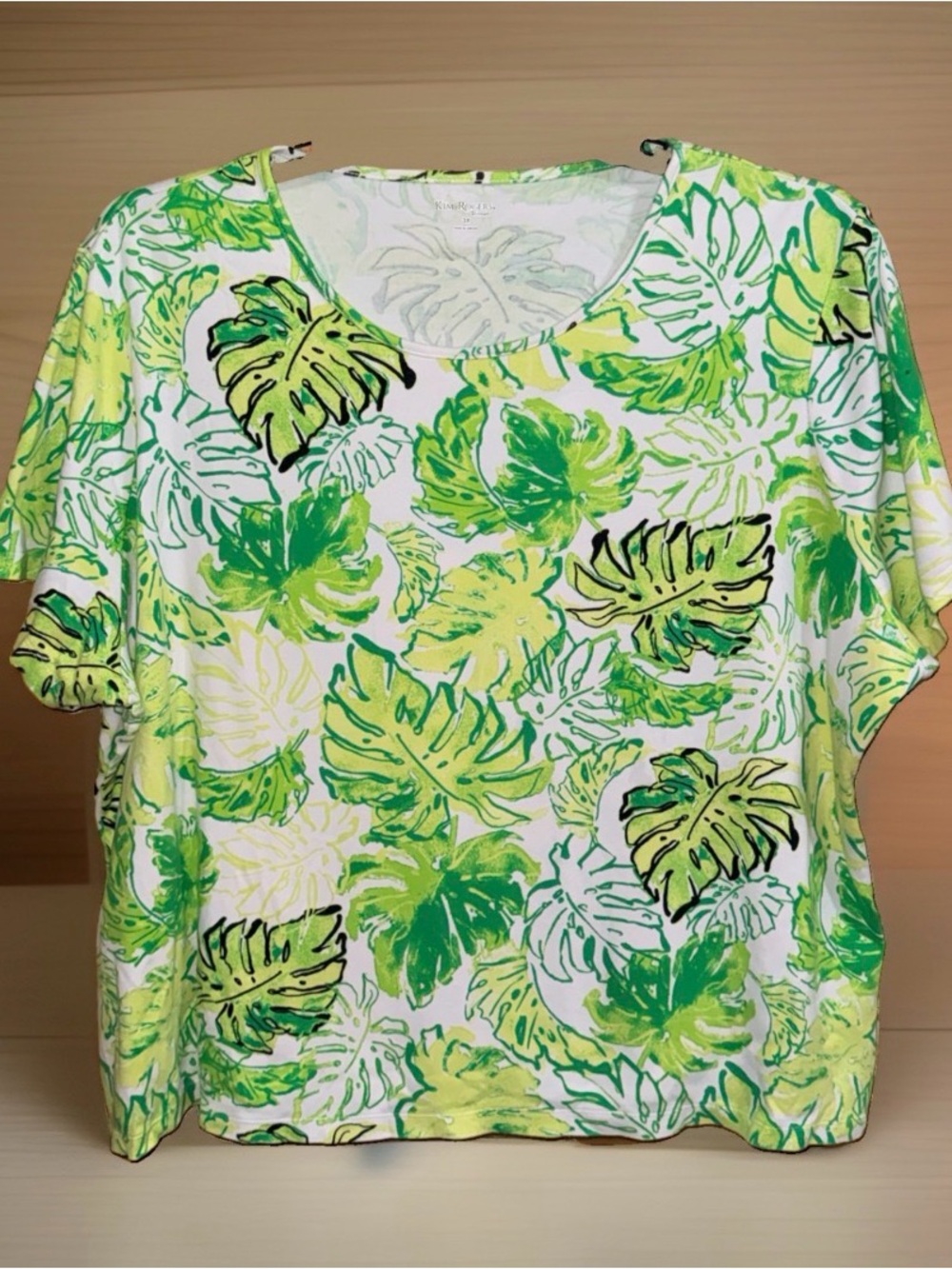 Kim Rogers Green & White Tropical Leaf Scoop Neck Top-3X-EC